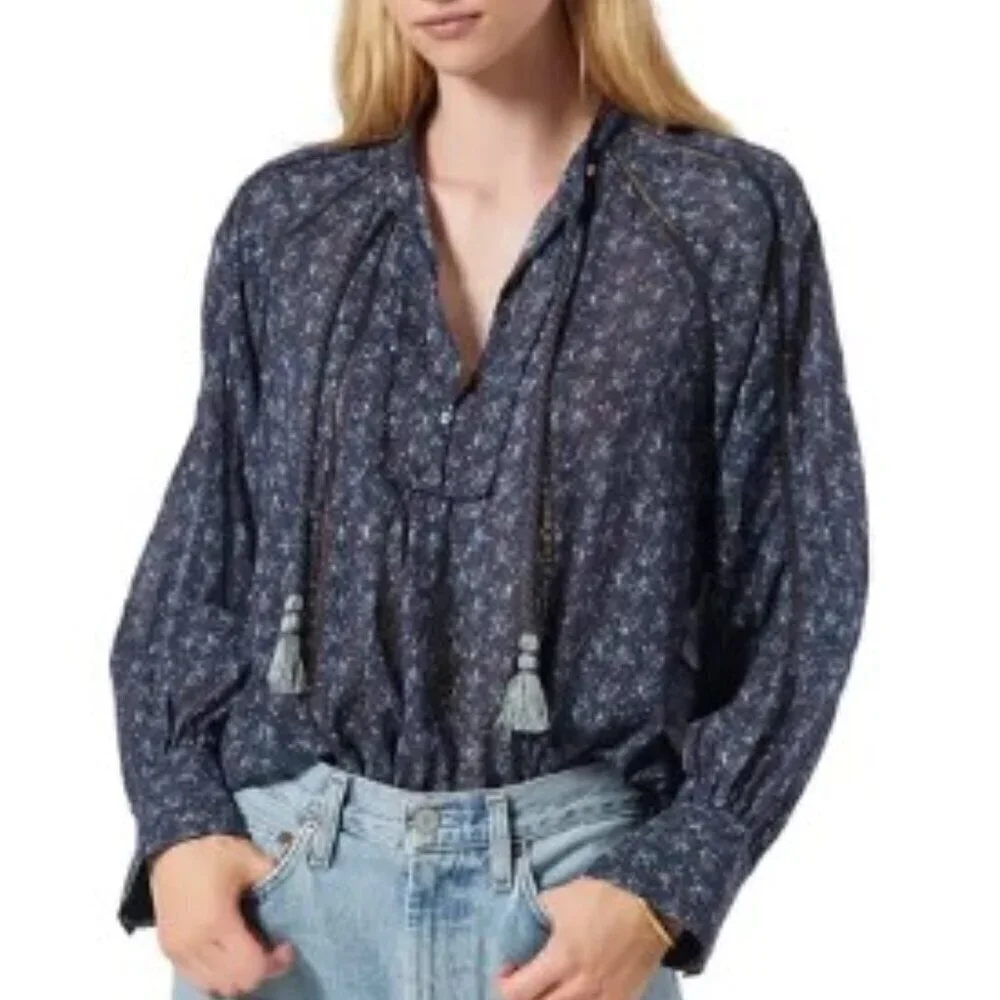Joie Cotton Blouse Womens Small Blue Long Sleeve Lightweight Dracha Top Tassels